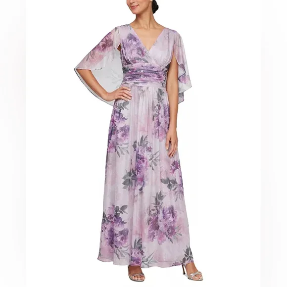 SLNY Dresses Slny Purple Petite Vneck Floral Print Aline Gown